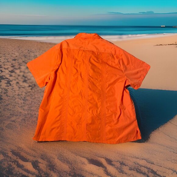 The Genuine Haband Guayabera 2XL Short Sleeve SnapUp Shirt  Orange 4 Front Pocke - Picture 2 of 12